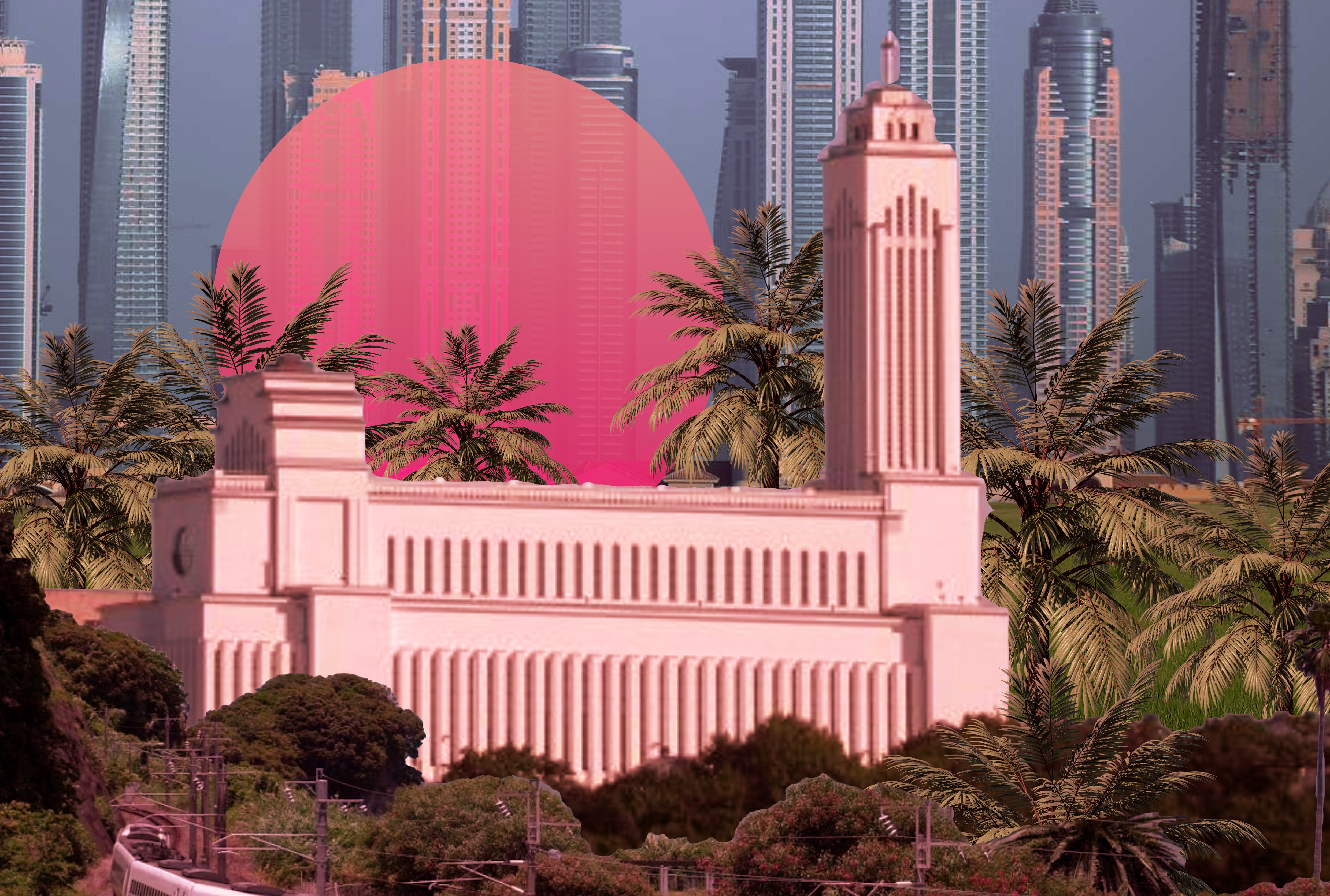 A vaporwave collage of Kaunas architecture